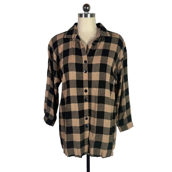 Vintage Tops - vintage 90s buffalo plaid rayon button shirt M black tan blouse top USA vtg